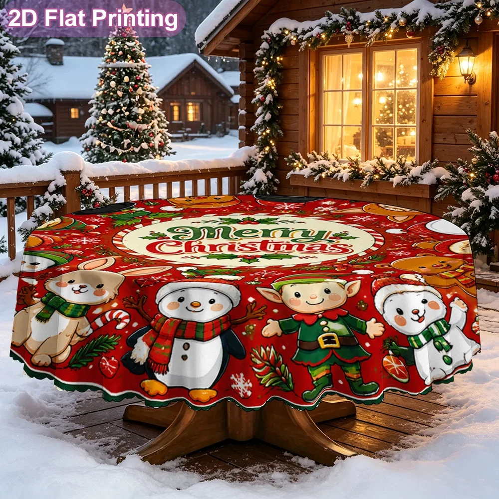 2D flat 1 piece tablecloth, Merry Christmas, red Christmas mat, bright pattern, round tablecloth on Christmas Day