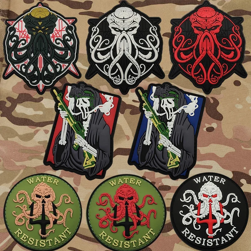 Sea Monster Octopus Animal PVC Rubber Patches Smoking Ghost Patch Stickers On Clothing With Hook And Loop