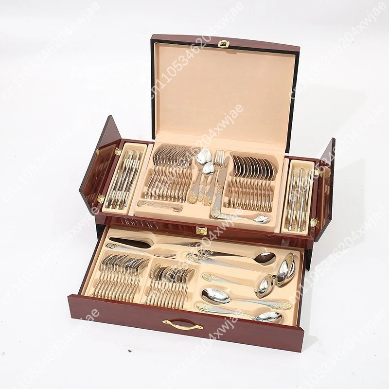 72Pcs Gold Cutlery Set, Stainless Steel Silverware with Steak Knife Fork Spoon, Luxury Dinnerware Gift Box for Home Restaurant