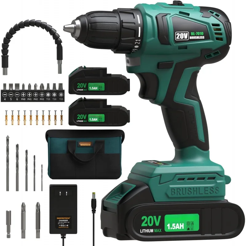 20V Cordless Drill Bit,Brushless Electric Drilling Bit Set,Belt 2 One Battery and Charger,3/8 Inch Chuck Electric Drill Bit