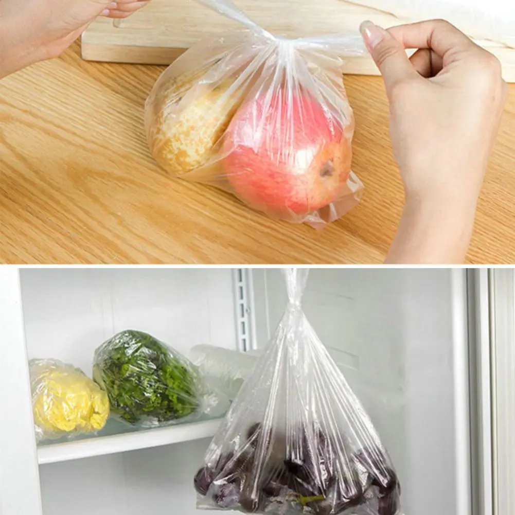 100Bags/Roll Plastic Food Storage Bags with Portable Handle for Vegetable Fruits Bread Kitchen Organizer Transpare Storage Bags