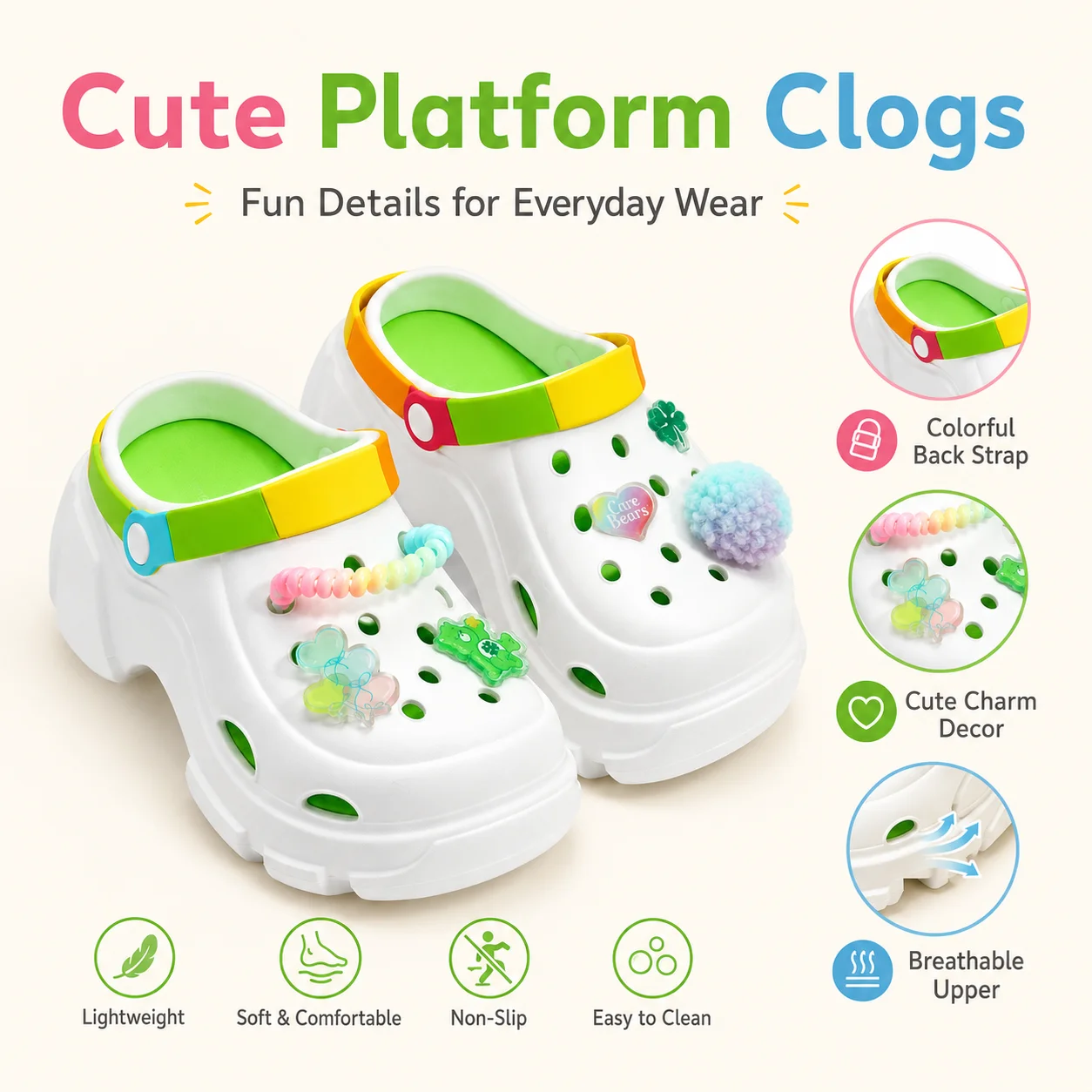 MINISO Platform Clogs for Women Cute Care Bears Pom Pom Charms Lightweight Breathable Slip On Beach Sandals Casual Slippers