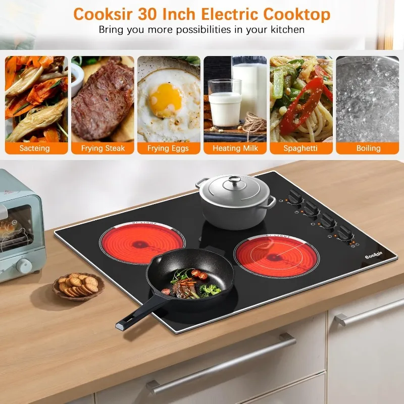 Electric Cooktop 30 Inch, 7400W Built-in Electric Stove Top 4 Burner, 220-240V Ceramic Hob with Glass Protection Metal Frame