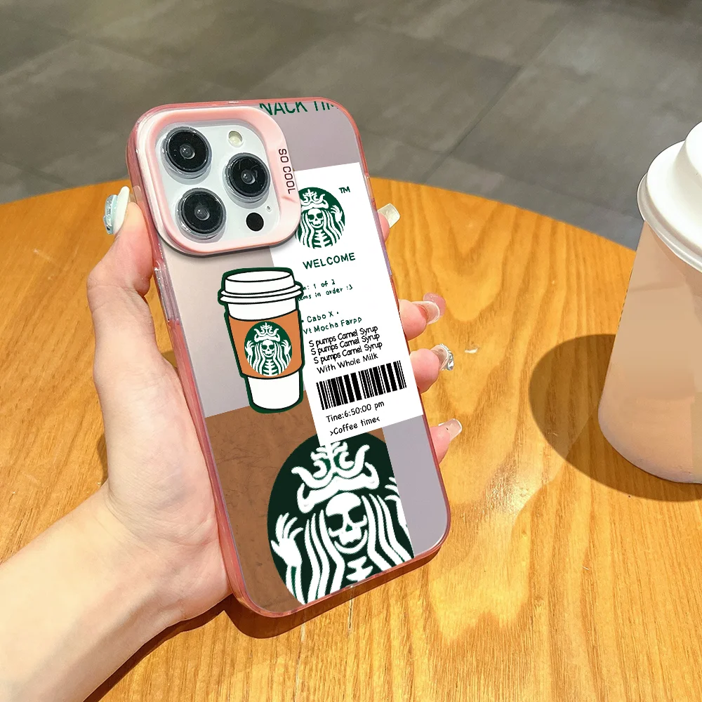حافظة هاتف ماركة S-Starbucks FUNDA لهاتف iPhone 12 11 13 14 15 16 Max Pro Plus Mini Silver