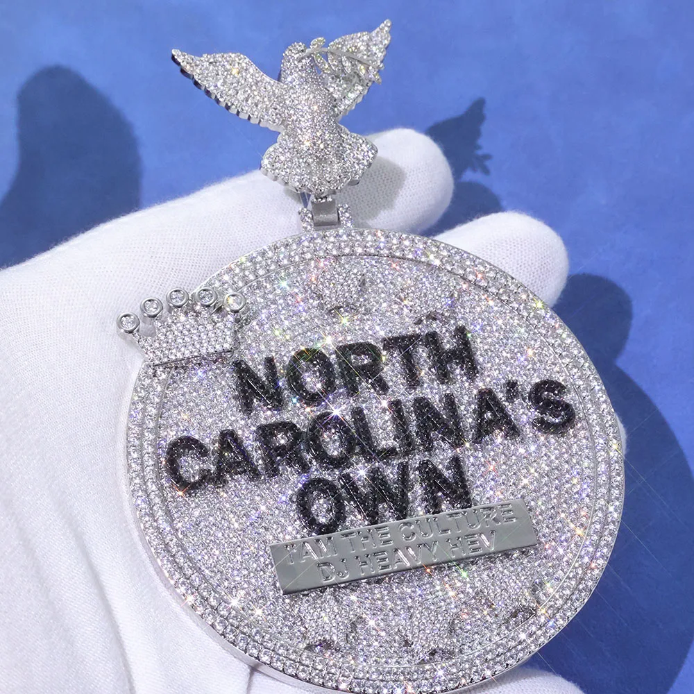 

HHIOK Custom Jewelry Peace Dove Buckle Personalized Round Pendant Diamond Letter Hip Hop Chain Custom Name Charm Pendant