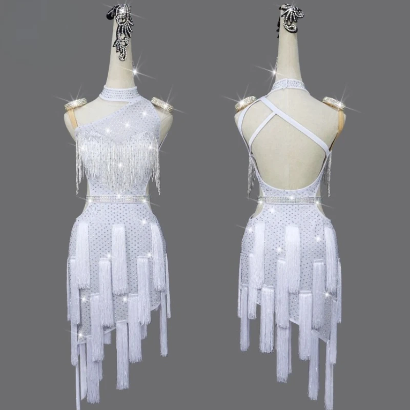 Costume professionnel de danse latine pour femmes, robe à franges avec pierres AB personnalisées pour adultes, vêtements de spectacle Tango Samba Rumba