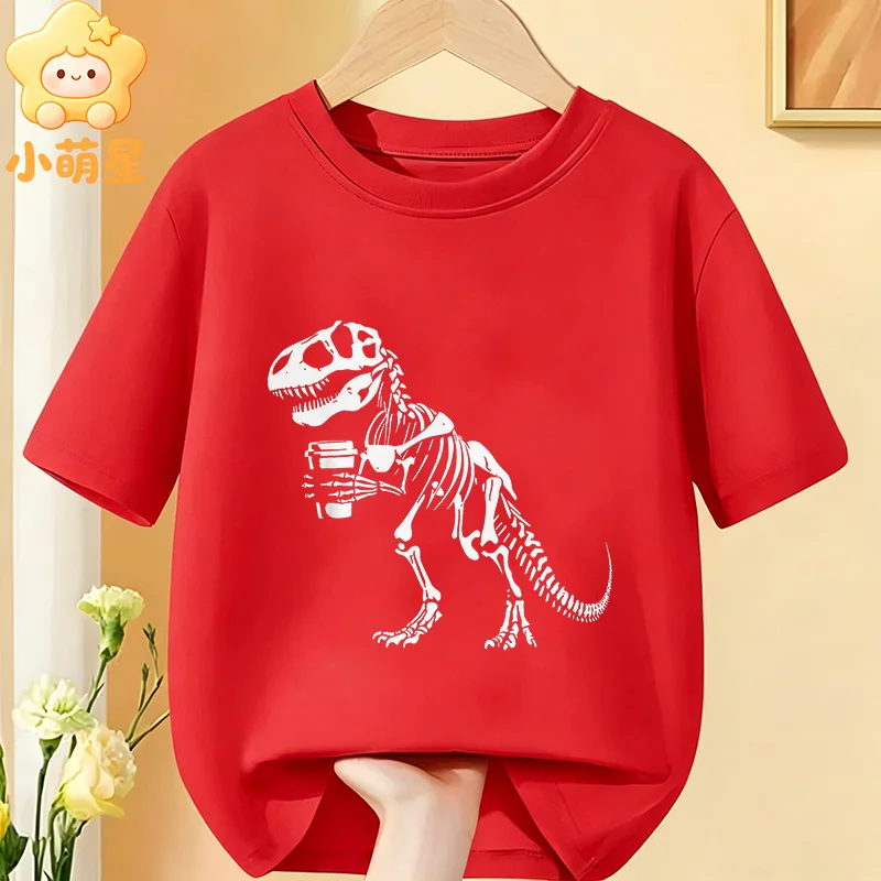 Halloween Skeleton Dinosaur Coffee Print Kids T‑Shirt Cotton Boys Girls Short Sleeve O‑Neck Casual Graphic Children Party Tees