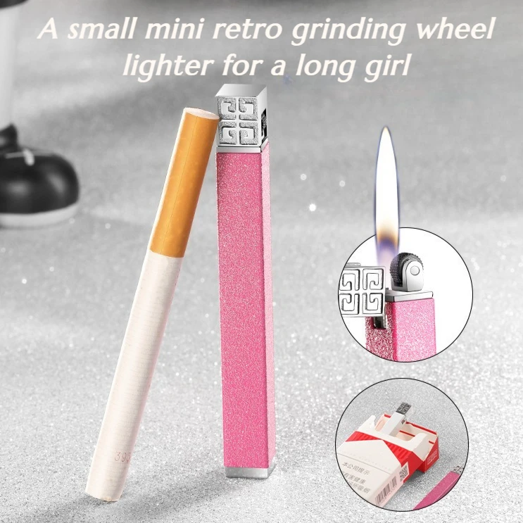 

Square-shaped Long Small Mini Grinding Wheel Lighter for Girls Retro Gas-flushed Open Flame Lighter Gift Cigarette Accessories