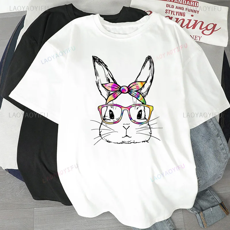 Clever Rabbit Print T-shirts Cute Funny Graphic T Shirts Summer Women Floral Fashion Ladies Clothes image 3
