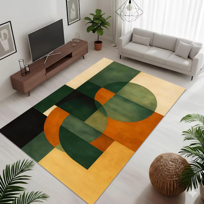 Mid Century Modern Rug Abstract Geometric Art Non-Slip Area Room Play Mat Soft Non-slip Decor Carpet for Bedroom Living Room
