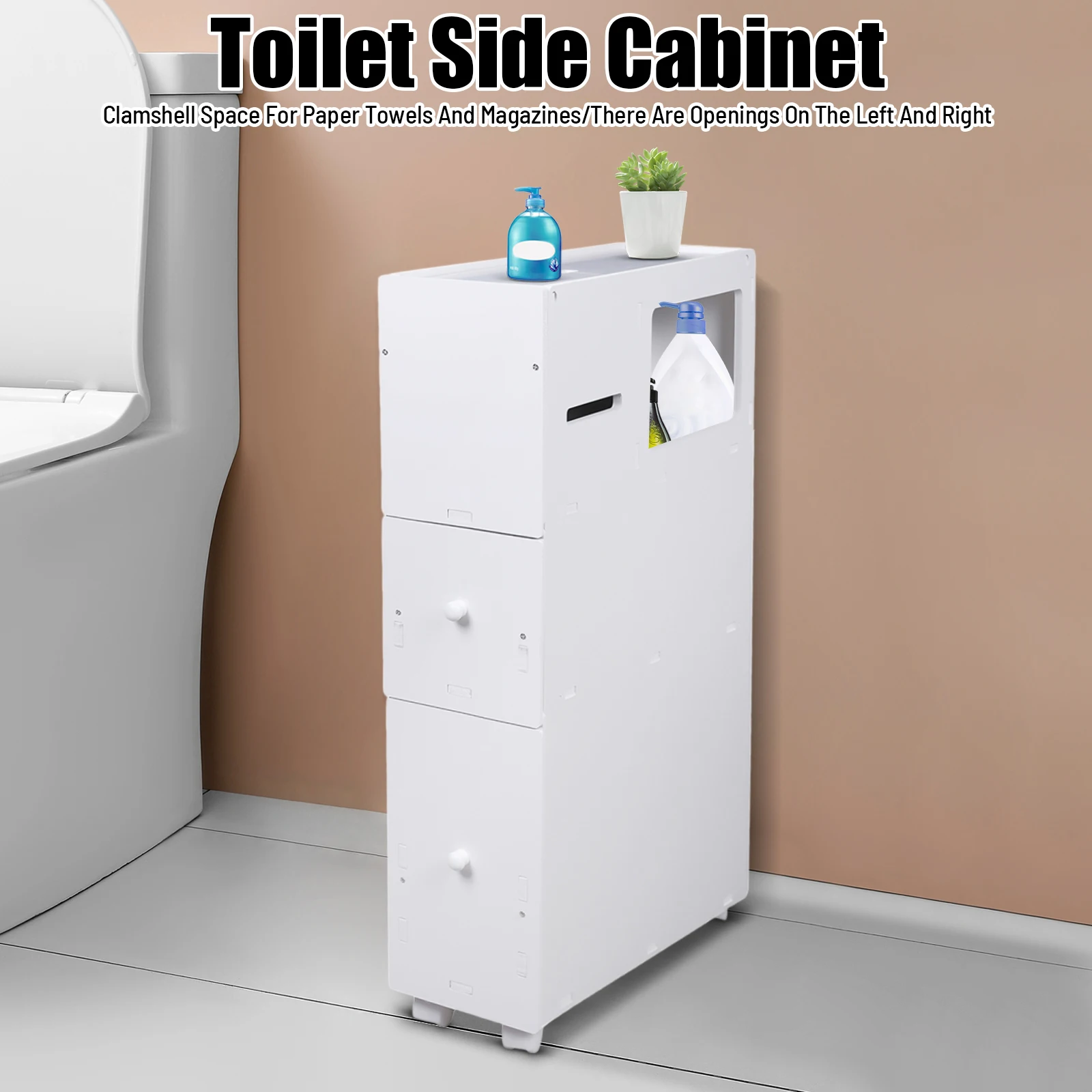 Toilet Side Cabinet Narrow Storage Organizer 4-Layer Movable Floor Standing Shelf White