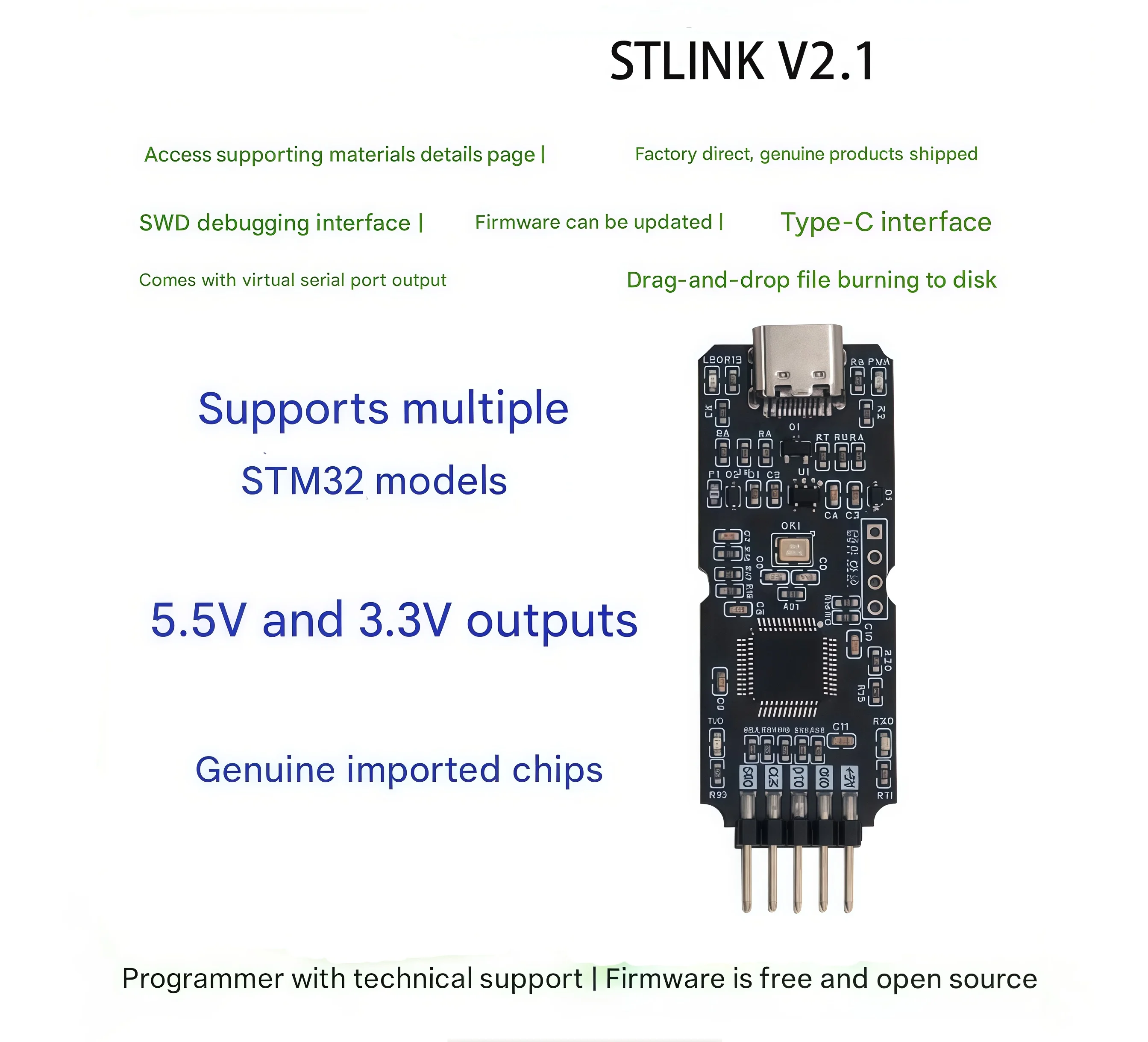 ST-Link v2.1 STM32 Debugger, Downloader, Programmer, and Burner (USB to TTL Serial Port Microcontroller)
