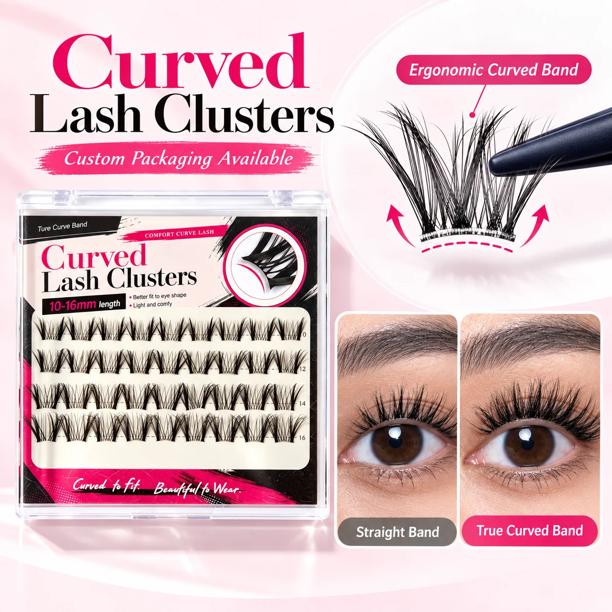 Curved Base Ultra-Soft Lash Clusters Mix 10–16mm Wispy Curved Band Eyelash Invisible Band DIY Lash Clusters Kit