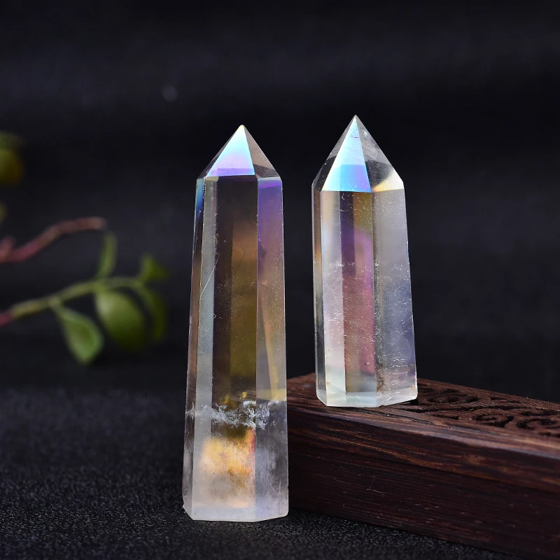 1PC Natural Aura Clear Quartz Electroplate Crystal Point Wand Healing Energy Reiki Chakra Tower For Home Decoration