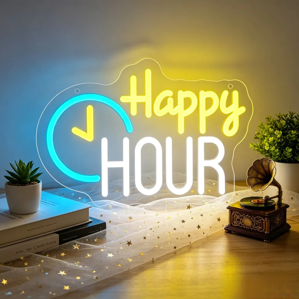 

Happy Hour Neon Sign LED Night Light USB Bar Pub Decor Lamp for Home Living Room Party Cafe Decoration Gifts for Friends