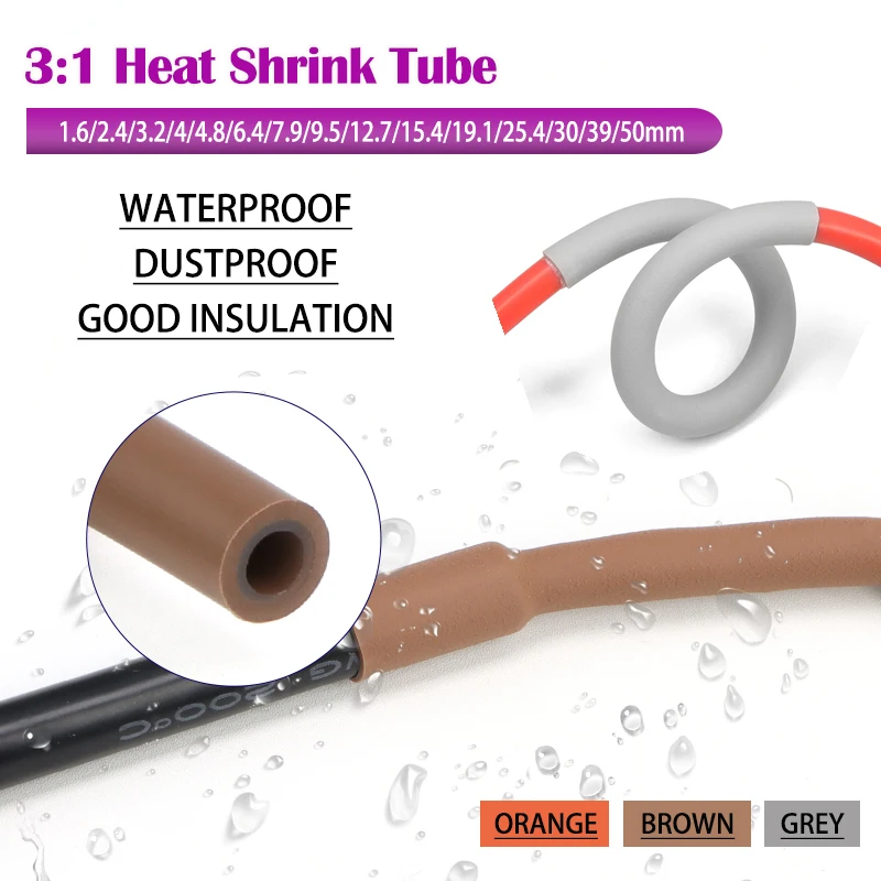 1~10m 3:1 Glued Heat Shrink Tube Grey Orange Brown 1.6~39mm Polyolefin Insulated Dual Wall  Line Protector Wrap Cable Sleeve