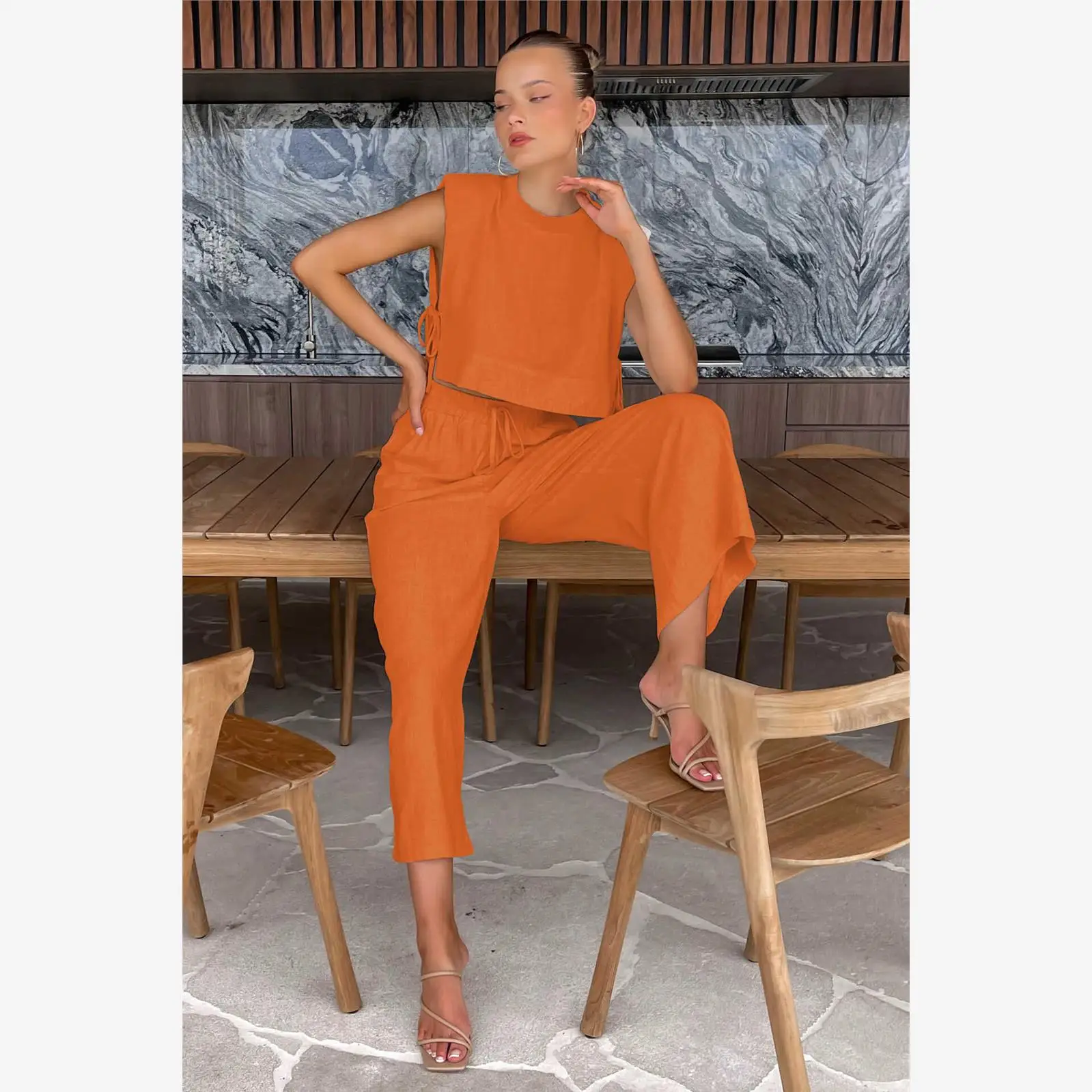 oulder Pad Svel Top Broek Set Dames Faion Zomeroutfit Tweedelige set Lange broek Polyester stof