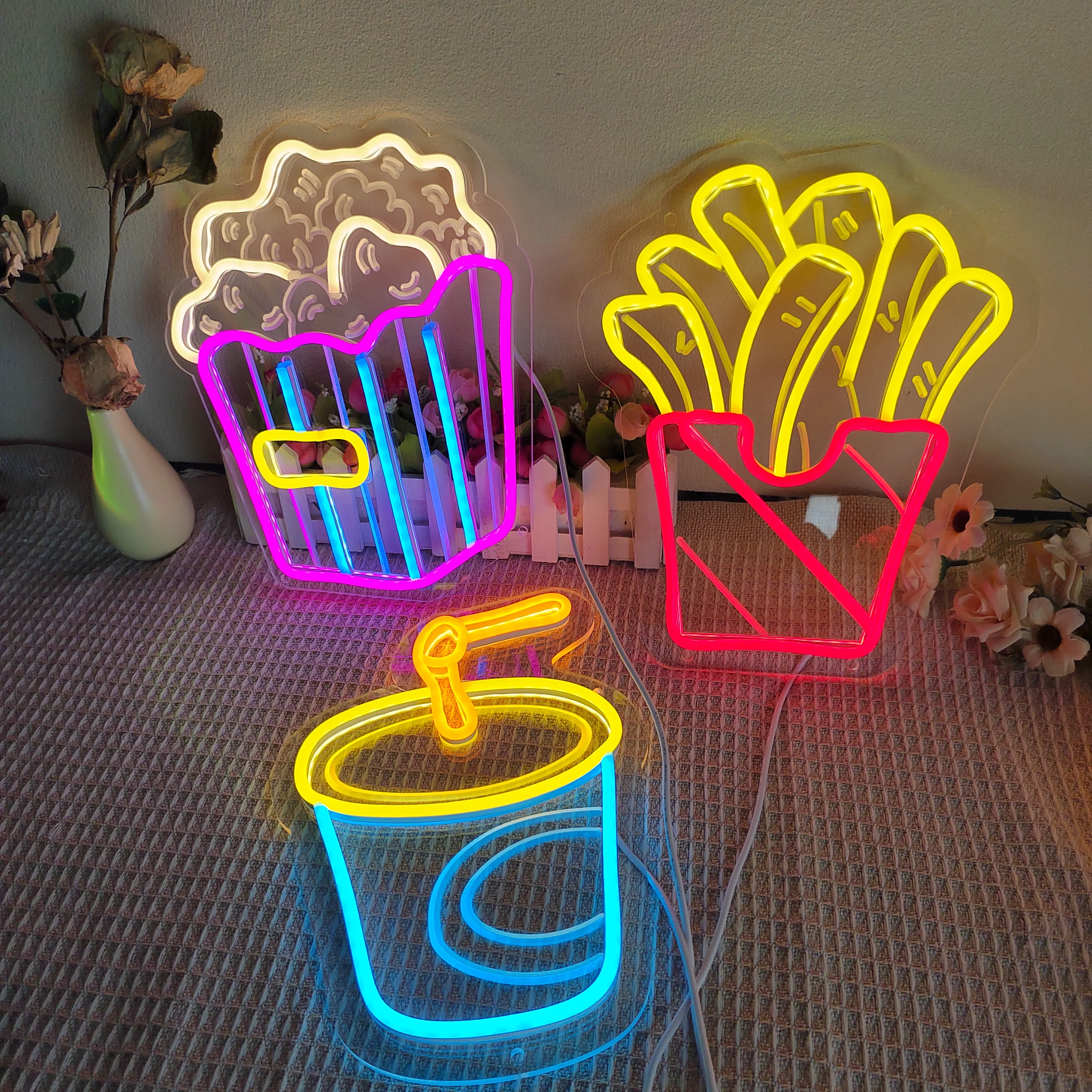 Business Neon Light Led Lights French Fries Popcorn Sign For Restaurant Eating House Decor Wall Neon Sign Fast Food Shop Cinema