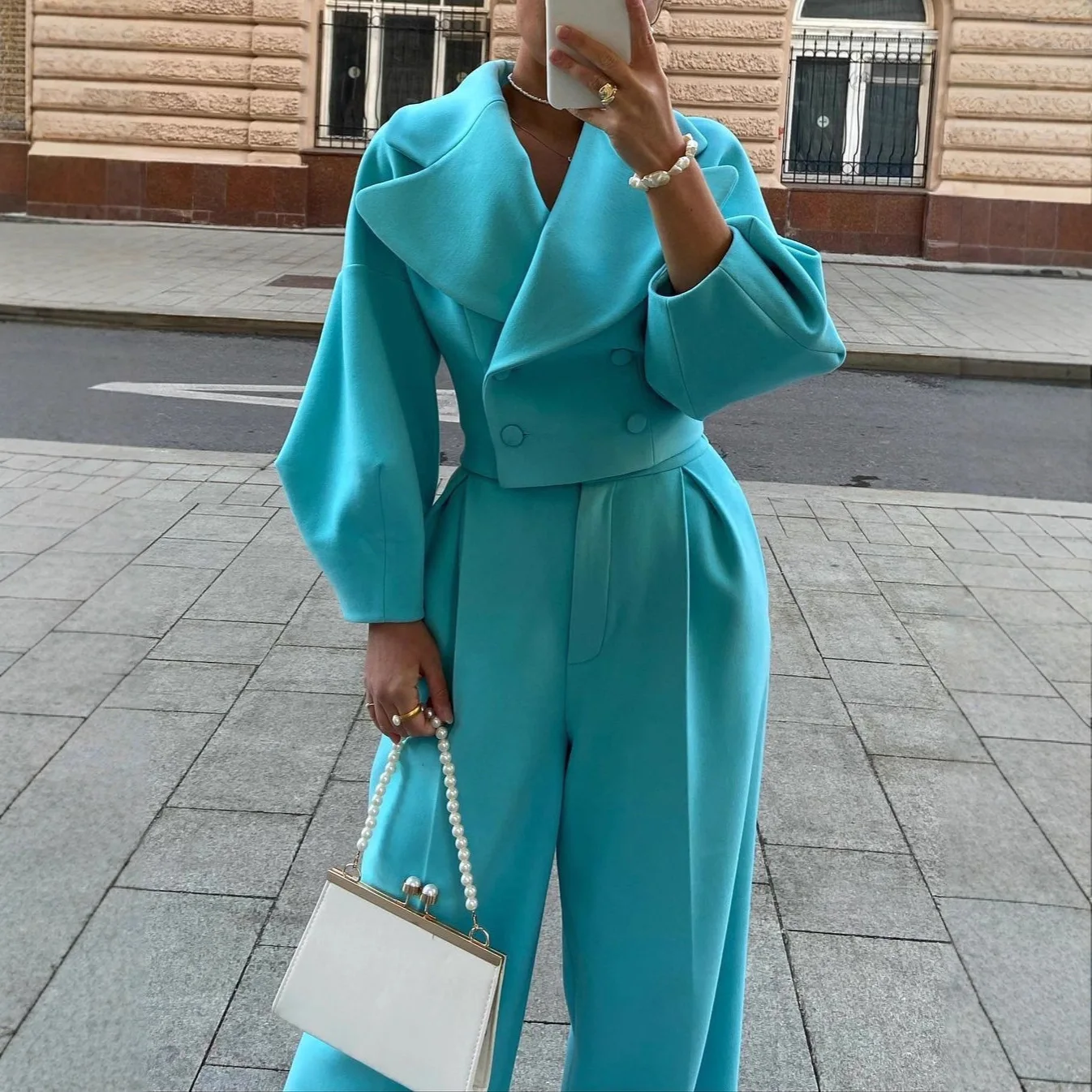 Women 2pcs Clothes Set Solid Color Polo Collar Long Sleeve Blazer Jacket Coat & High Waist Wide Leg Loose Pants