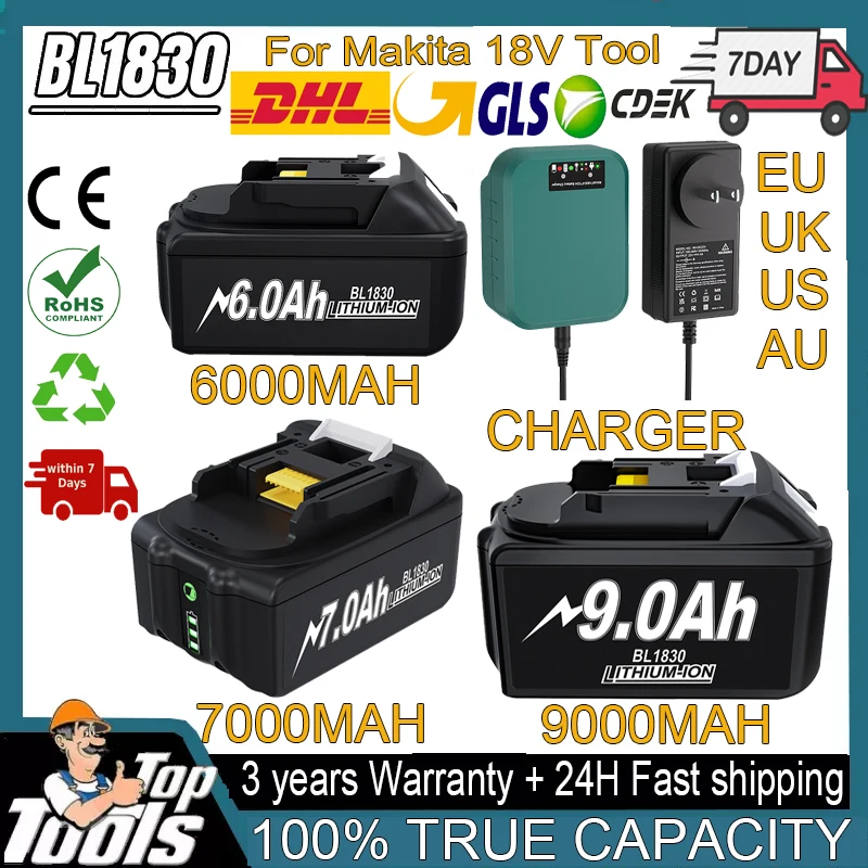 For Makita 18V Lithium-ion Battery 6.0Ah/7.0Ah/9.0Ah Rechargeable Battery Compatible BL1830 BL1860 BL1890 Cordless Tool Battery