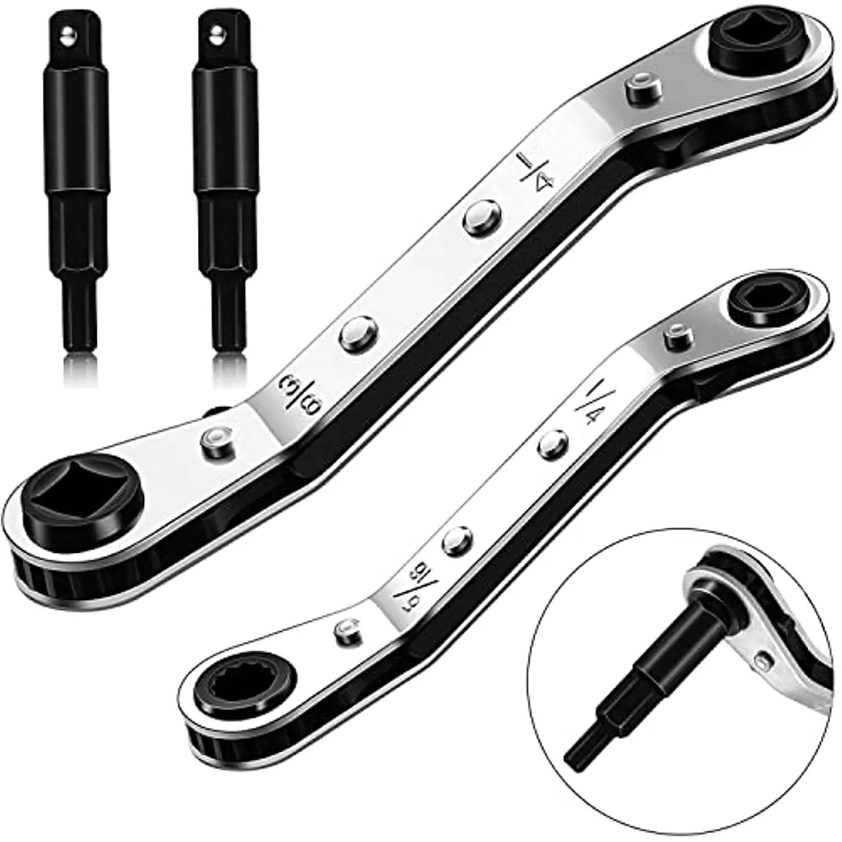 Tools:3/16” to 3/8” 5/16\'\' x 1/4\'\'Air Conditioner Valve Ratchet Wrench with 2 Hexagon Bit Adapter Kit for Air Refrigeration Tool