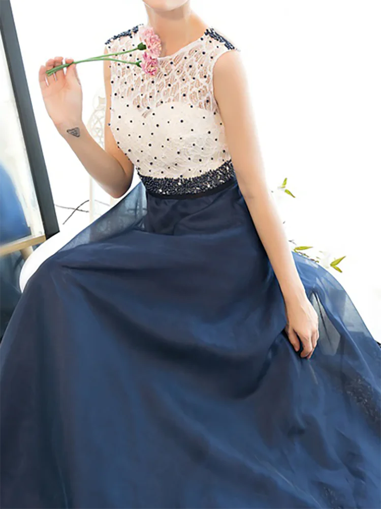 Prom Dresses For Gala Navy Female Dress Wave Point A-line sleeveless Evening Dress 2024 Dresses For Special Occasions Party Gown