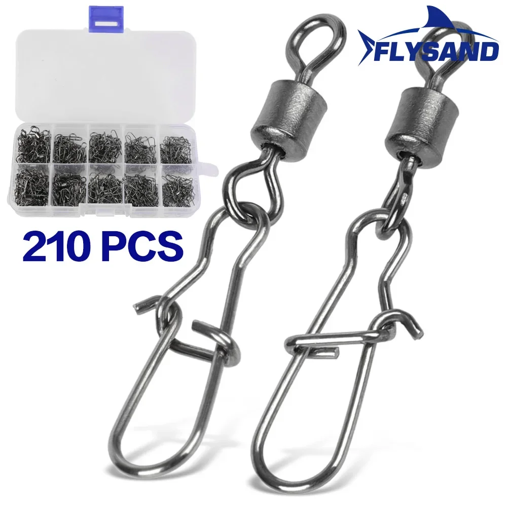 FLYSAND Fishing Swivels With Coastlock 26lb-66lb High-Strength Stainless Steel Fishing Rolling Swivels Nice Snaps Kit 210Pcs/box