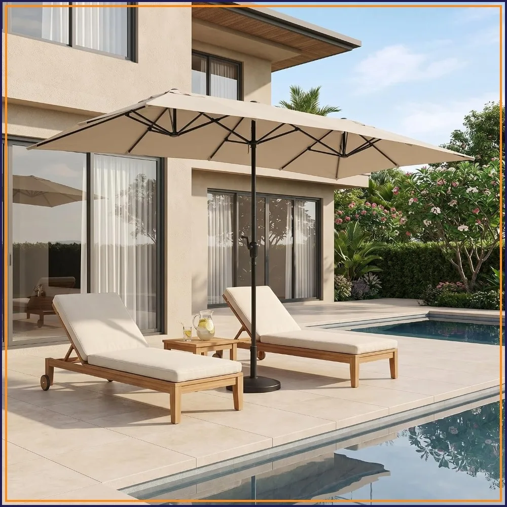 Double-Sided Rectangle Patio Umbrella, 15x15ft Sun Shade with Crank, for Deck, Garden