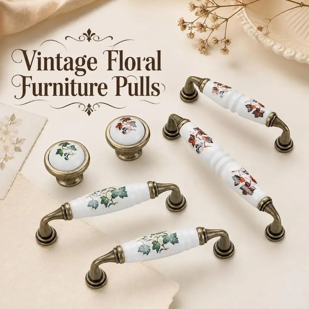 1PC Zinc Alloy Ceramic Cabinet Pulls Floral Pattern Elegant Vintage Drawer Handles Retro Bronze Color Furniture Knobs Wardrobe