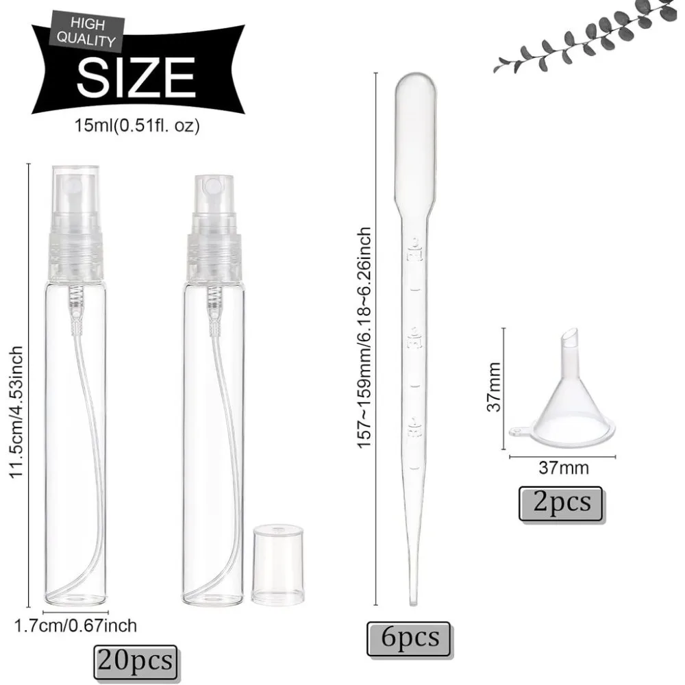 20 Pack 15ml(0.51oz) Clear Glass Perfume Bottle Refillable Portable Fine Mist Spray Bottles with Funnel and Dropper