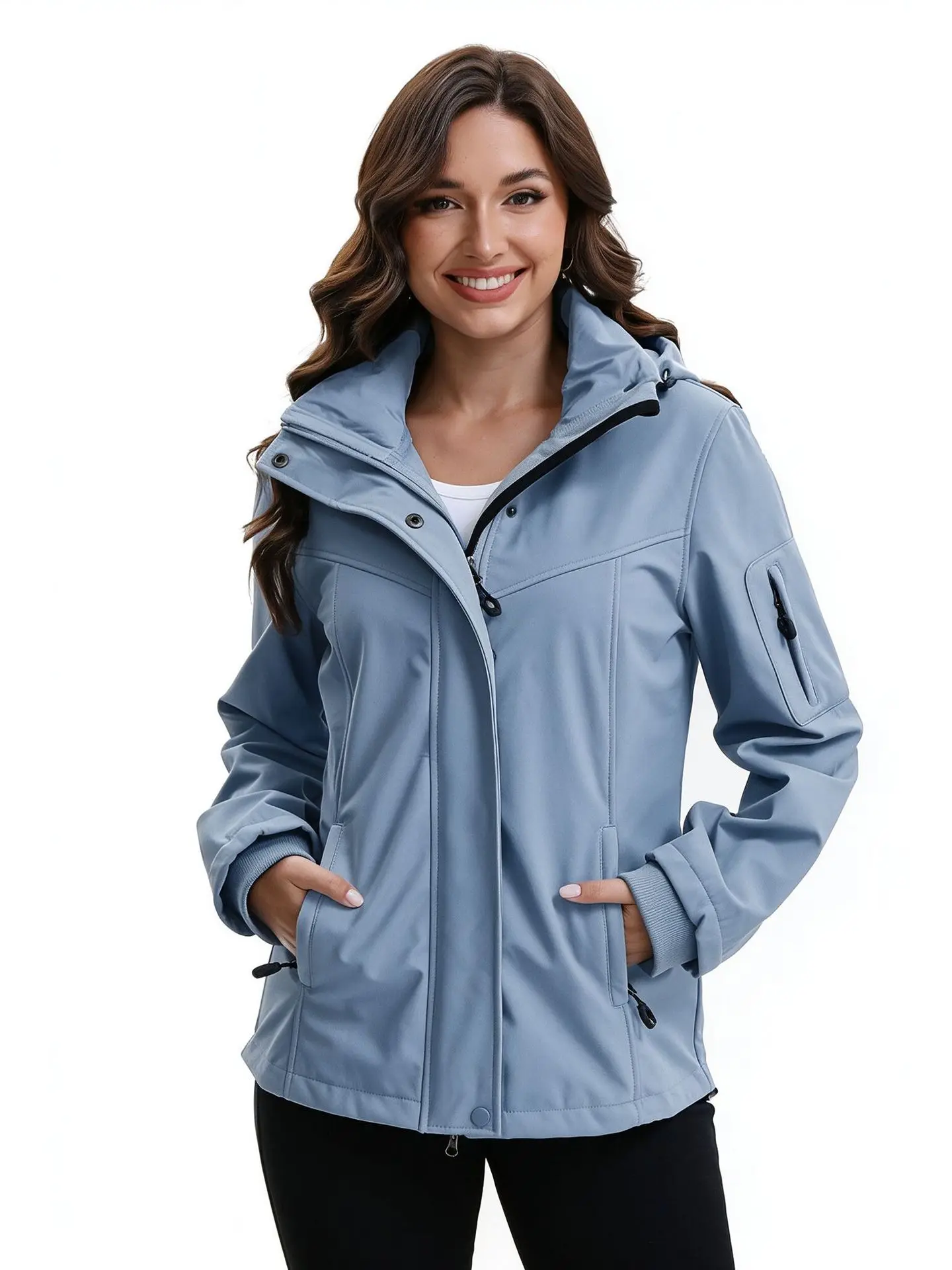 Detachable hat with multiple pockets and fleece, women's autumn and winter short jacket, European size women's clothing