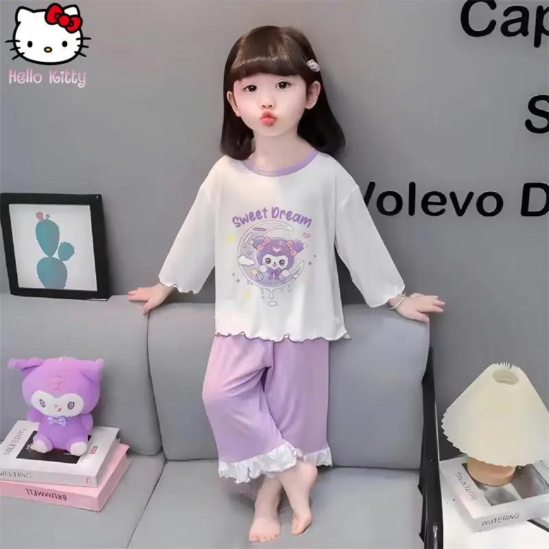 

Комплект из 2 предметов: пижама Hello Kitty для девочек, кавайная пижама Kuromi, весенне-осенний новый модный домашний комплект с длинным рукавом в стиле аниме и мультфильмов