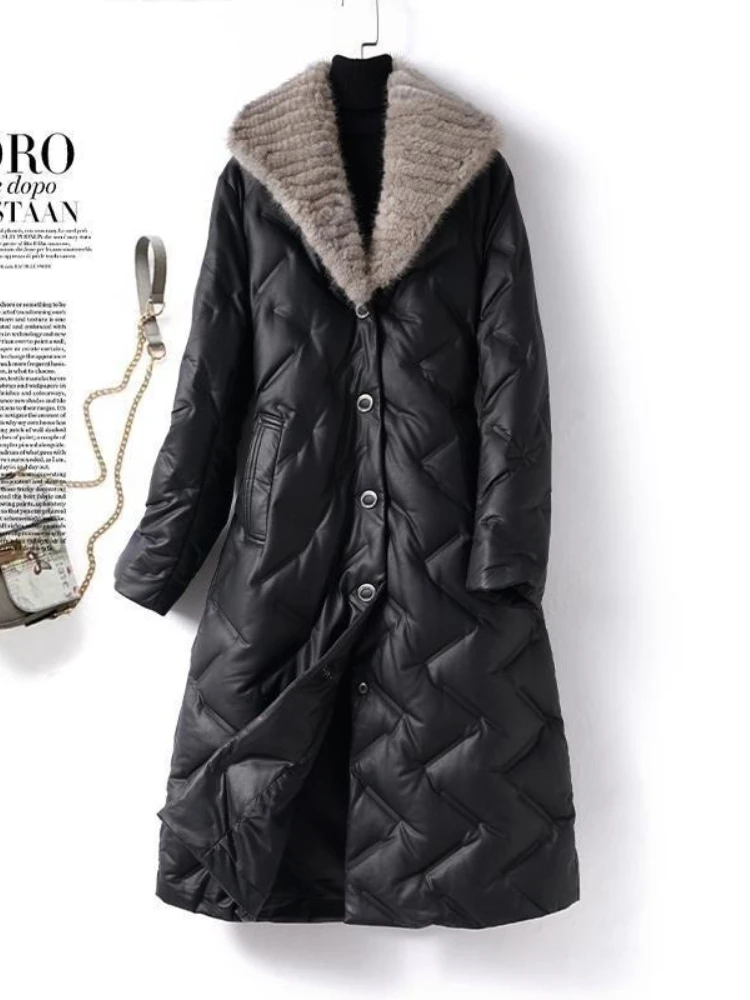 

Новая зимняя женская кожаная куртка-пуховик с меховым воротником, длинная, модная, однобортная, простая, для повседневной носки