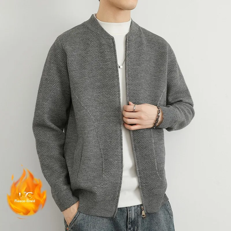 

Утепленный флисовый вязаный кардиган мужской, однотонный свитер-куртка, осенне-зимний новый стиль, шерстяной свитер Mal...