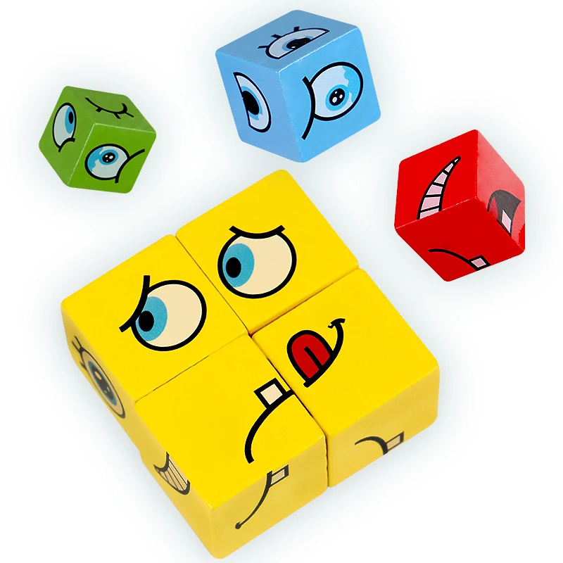 Large Learning Educational Toy Set Cards Emoticon Puzzle Face Change Cubes Wooden Toys Building Blocks Game For Children Kids