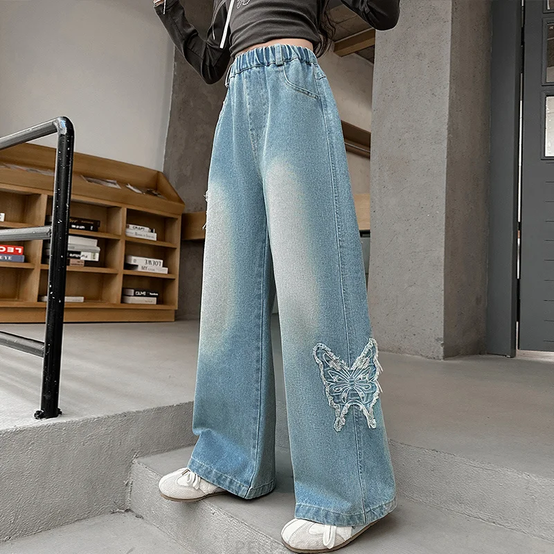 Moda para chicas, pantalones vaqueros de pierna ancha con mariposas, pantalones de corte recto, ropa de moda para niños, pantalones vaqueros negros y azules para niños de 5 a 14 años