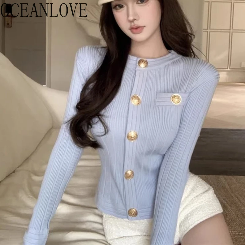 OCEANLOVE Short Cardigans Solid Autumn Winter Sweet Korean Fashion Women Sweaters Elegant Slim Vintage Sueter De Mujer