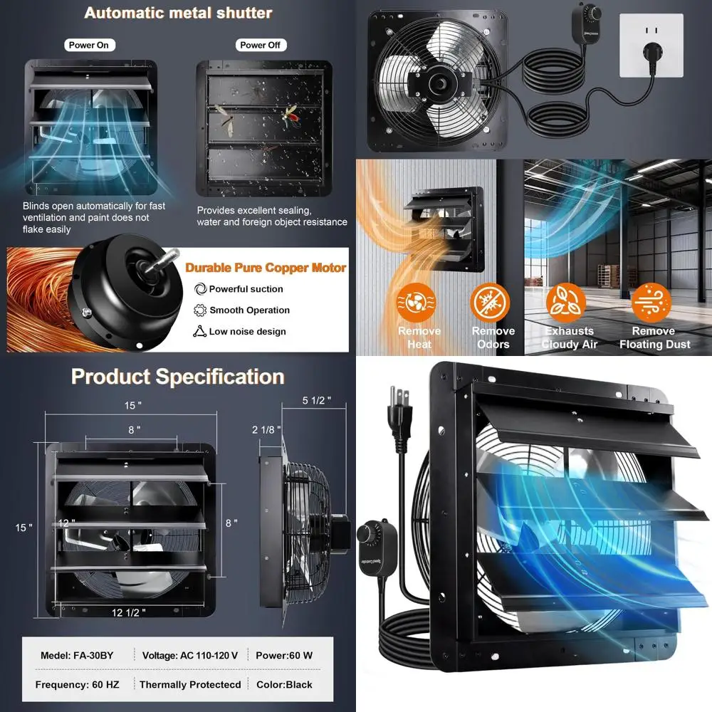 

12 Inch Wall-Mounted Shutter Exhaust Fan with Speed Control and 1.8M Power Cord, 60Hz, 60W, Copper Motor, Low Noise, Auto Shutte