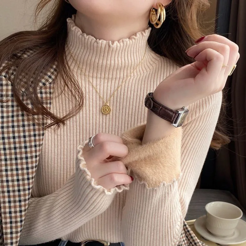 Women Ruffles Mock Neck Sweater Thicken Autumn Fleece Warm Thermal Pullover Cashmere Sweater For Women 2023 Winter