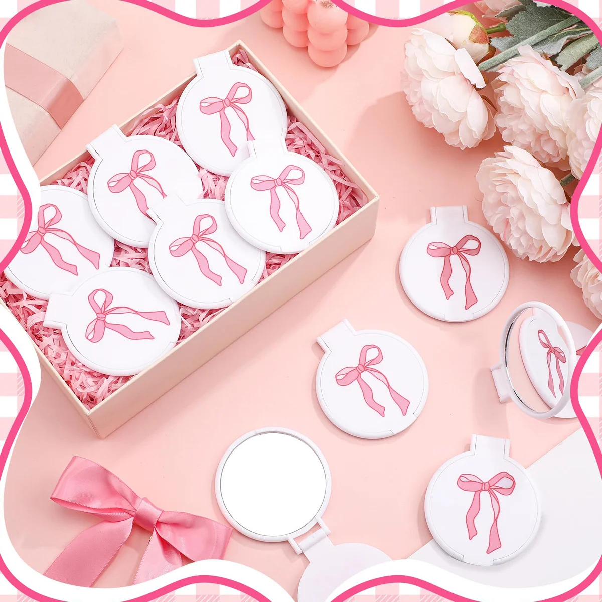 5 Sets Pink Bow Mini Pocket Mirror - Vanity Accessories For Women, Birthday Party Favors, Wedding Anniversary Bridal Shower Gift