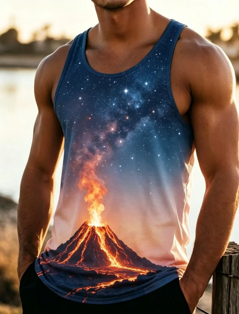 Men's natural landscape printed sleeveless tank top, for summer fitness, beach travel, daily travel, and casual wear