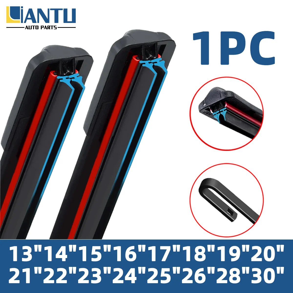 1PC Limpador de Para-brisa Universal com Tira de Borracha Dupla e Gancho J/U 13 "14" 15 "16" 17 "18" 19 "20" 21 "22" 23 "24" 25 "26" 28 "30" Peças para Limpador de Para-brisa