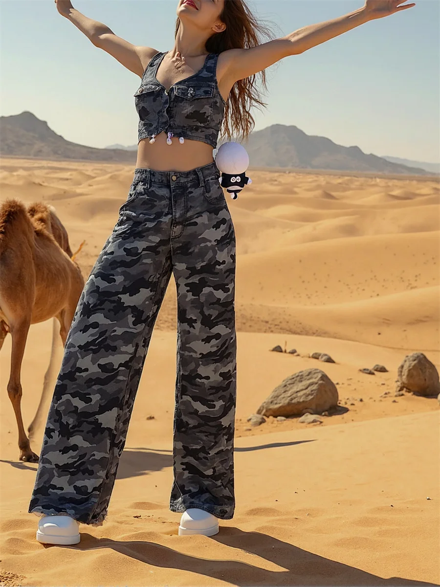 

Камуфляжные широкие джинсы в пол, женские потертые джинсы с высокой талией и вышивкой, расклешенные лоскутные прямые шикарные плиссированные джинсы