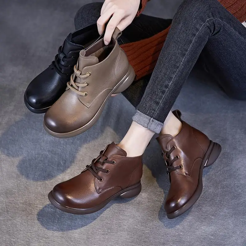

Retro Boots Women's Leather Shoes Fashionable Worn Color Low Top round Toe Rubber Sole Breathable Casual Boots