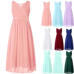 Mädchen Kleid Festliche Lange Kinder Kleidung der Hochzeit mit Perlen Bogen Blume Mädchen Kleid Sommer Prinzessin Geburtstag Chiffon Kleid