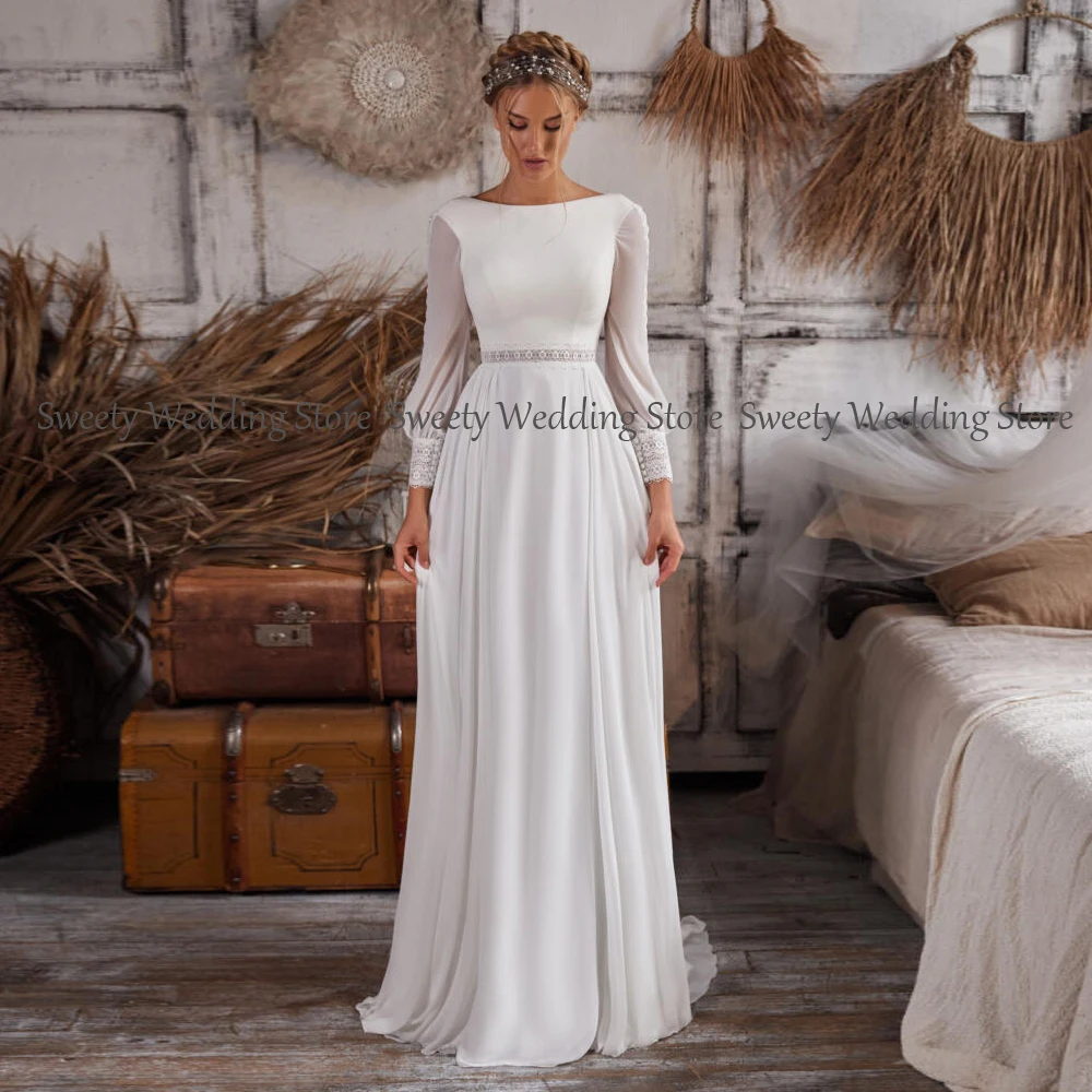 Jiayigong Boho Wedding Dress Robe De Mariee Vintage Long Sleeves Scoop Neck A Line Chiffon Sweep Train Backless Bridal Gown