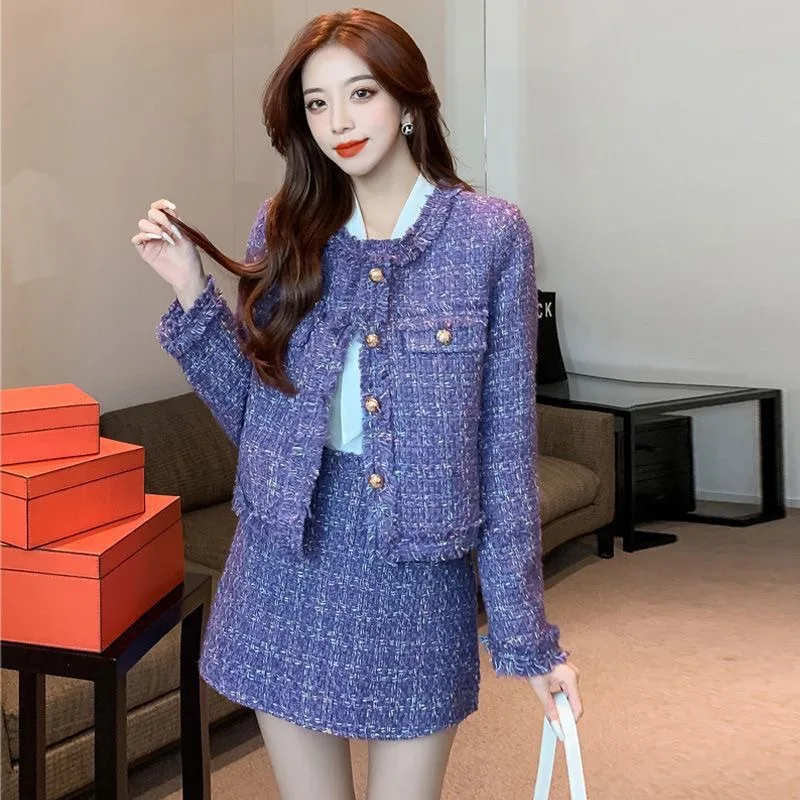 Women Elegant Tweed Jacket And Mini Skirt Two Piece Set Chic Noble Outfit Spring Autumn view 4