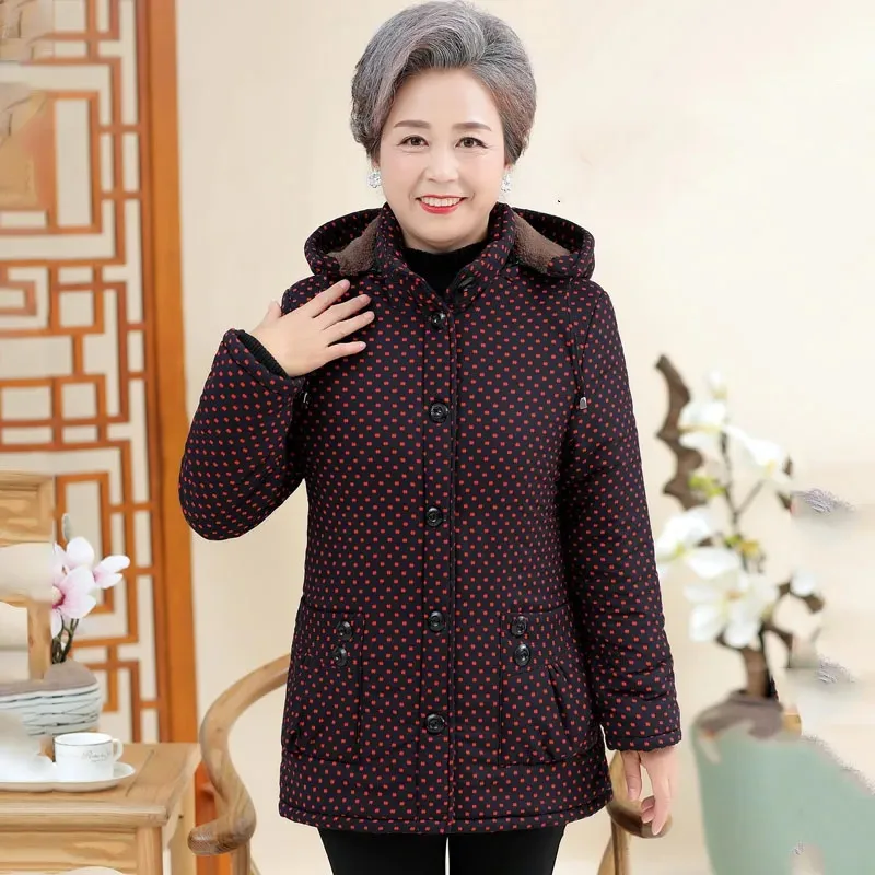 Mutter mittleren Alters Winter Baumwolle gepolsterter Mantel Mode Kapuzen muster Blumen Winter jacke Oma warme Parkas Oberbekleidung XL-5XL