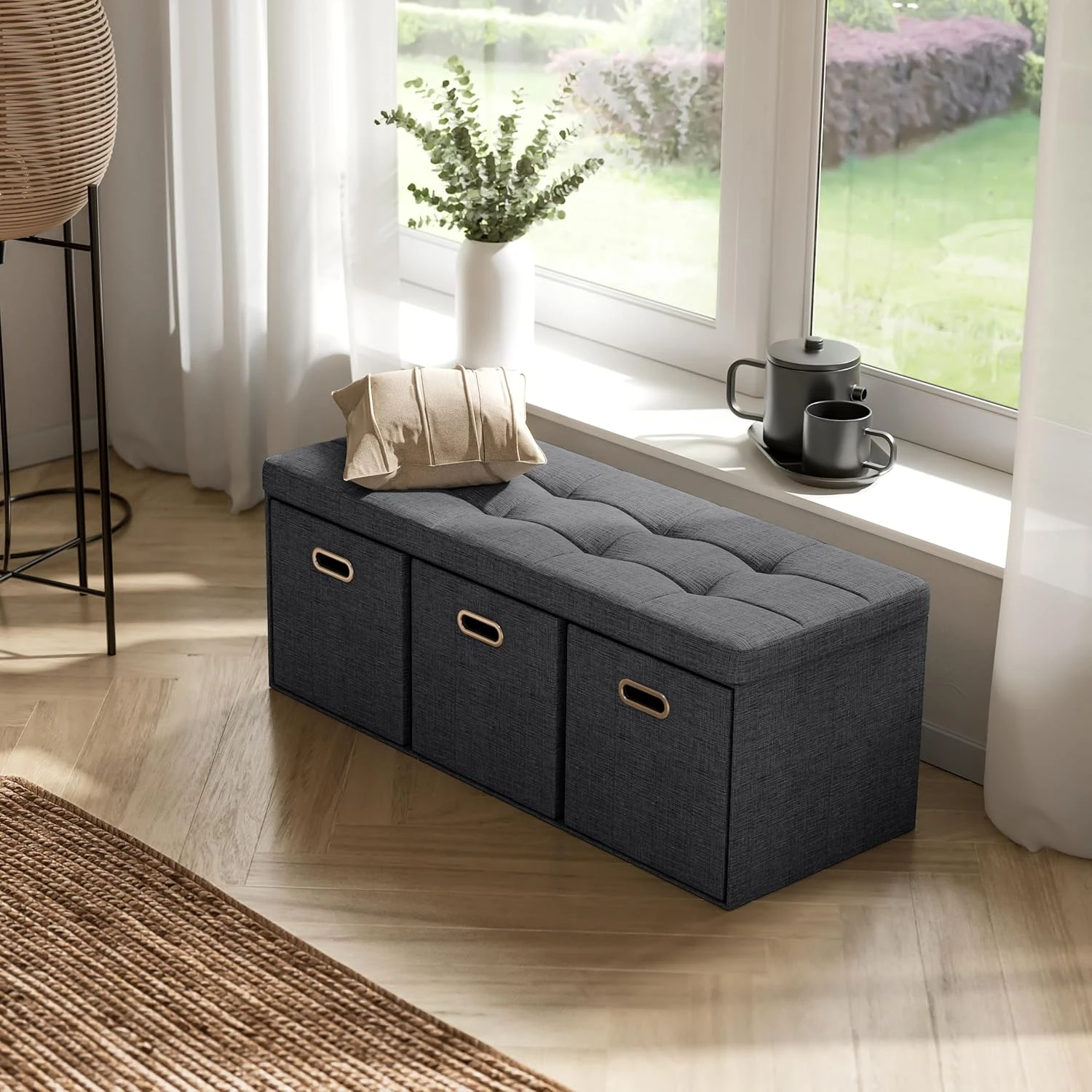 

Foldable Tufted Linen Large Long Bench Ottoman Foot Stool Seat with 3 Drawer Cubes - 15" x 40" x 15", Charcoal Gra Benches Cow