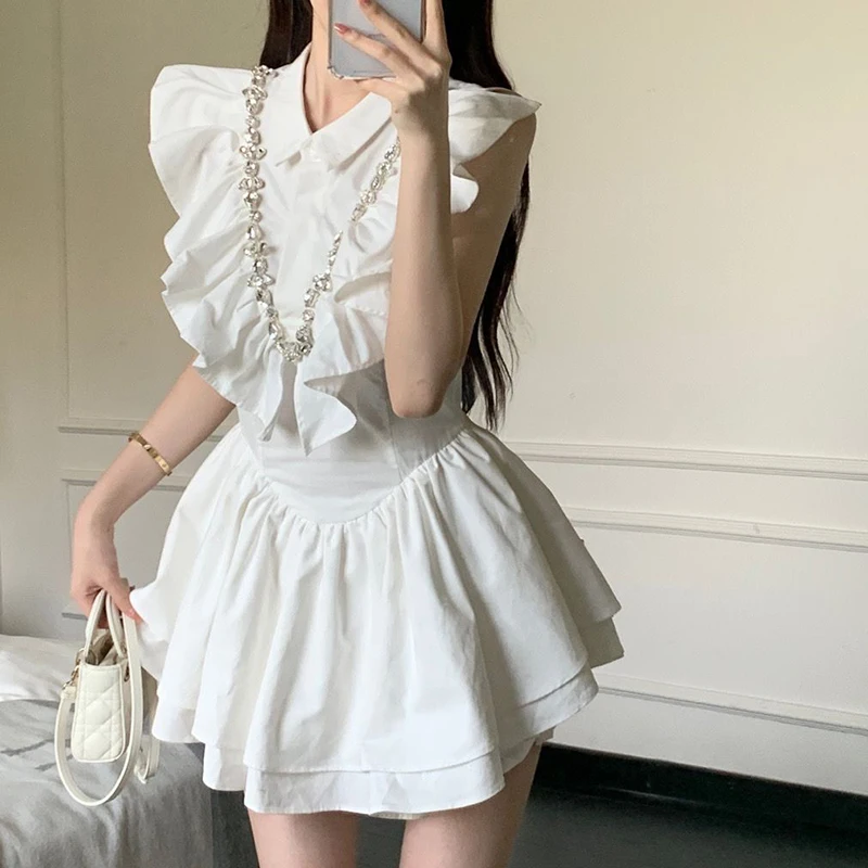 2024 Summer New Diamond Inlaid Lotus Leaf Edge Bubble Sleeve Short Shirt Top High Waist Look Thin Flower Bud Skirt